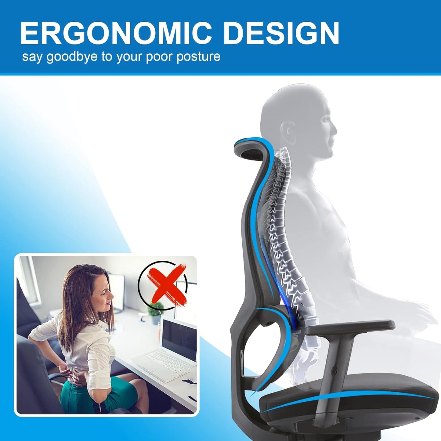 Daqian Home Executive Office Chair Ergonomic Computer Chair Wide Seat With Large Headrest, Modern Desk Chair Lumbar Support, Adjustable Armrests Mesh Chair