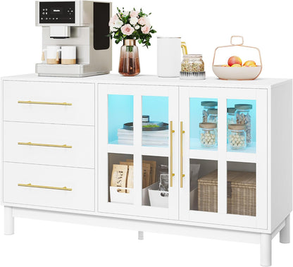 YITAHOME 55'' Sideboard Buffet Cabinet with Storage, Modern Coffee Bar Storage Cabinet with LED Light, 3 Drawers & 2 Acrylic Glass Doors, Wood Buffet Table for Kitchen, Living Room, White