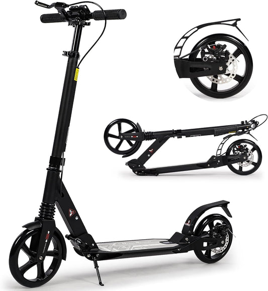 Adult Kick Scooter with Disc Handbrake, Foldable Adjustable Urban Scooter with Dual Suspension, 200mm Big Wheels for Kids Adults and Teens