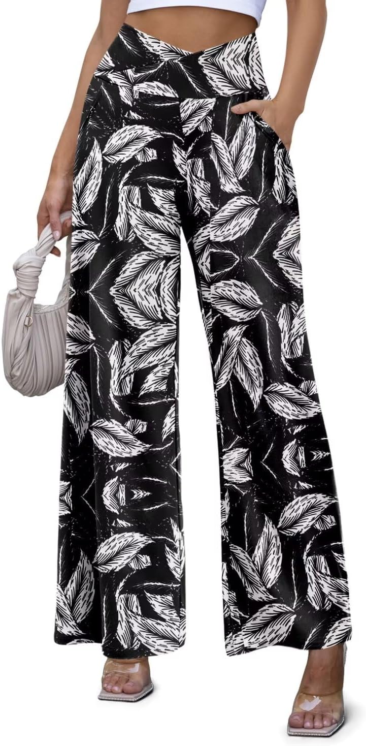 JZC Women's Wide Leg Casual Pants Cross Waist Palazzo Lounge Pajama Flowy Pants Yoga Sweatpants with Pockets