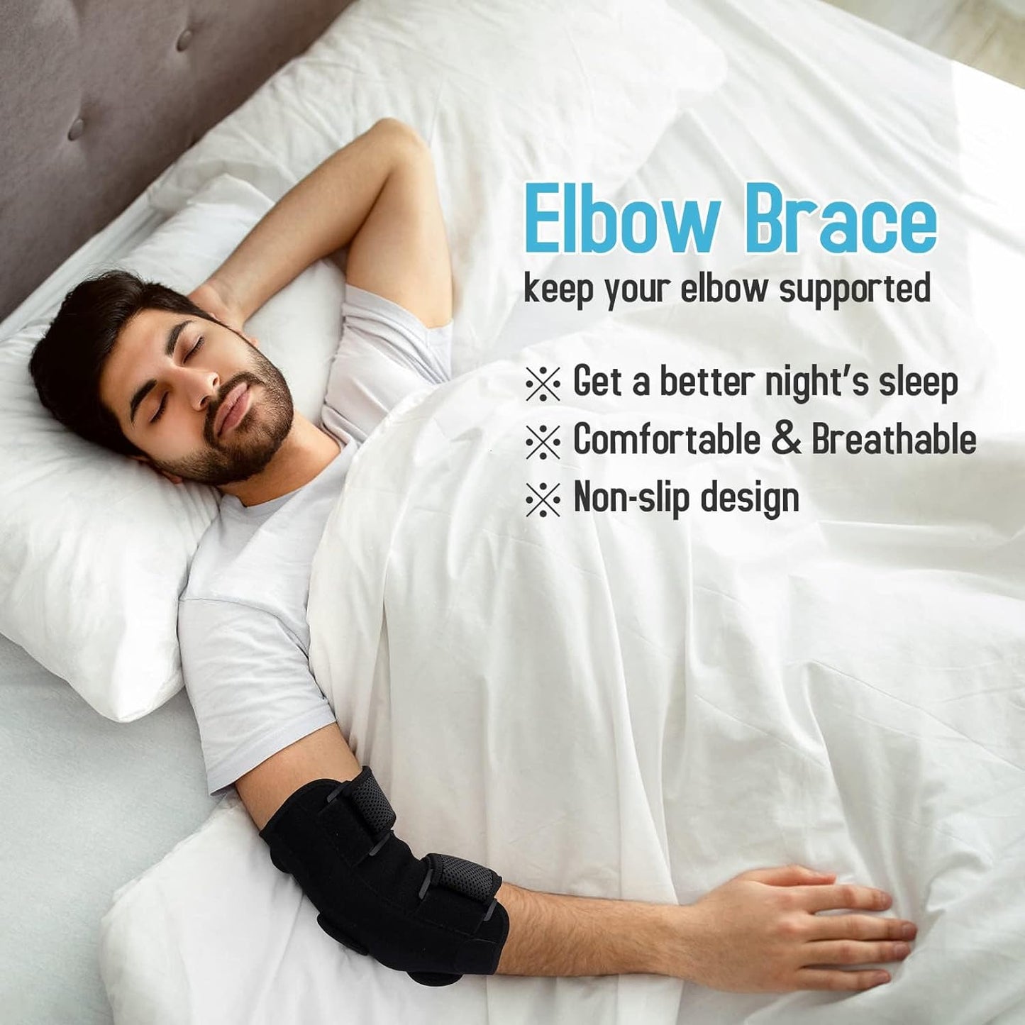 Elbow Brace, Comfortable Night Elbow Support, Adjustable Elbow Stabilizer, for Sleep Elbow Splint, with 2 Removable Metal Splints for Cubital Tunnel Syndrome, Tendonitis, Ulnar Nerve, Tennis