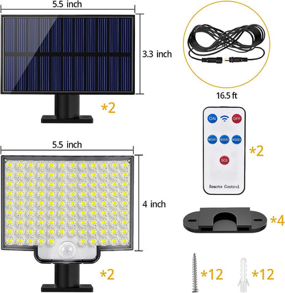 Solar Lights Outdoor, 106 LED 3000LM Solar Powered Motion Sensor Flood Lights with Remote, Dusk to Dawn Led Solar Security Wall Lights with 16.5Ft Cable IP65 Waterproof for Outside, Garage, 2 Pack