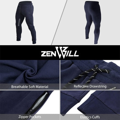 ZENWILL Mens Tapered Workout Track Pants, Slim Fit Gym Jogger Sweatpants, Casual Athletic Trousers with Zip Pockets