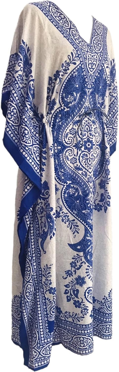 The Kashmir Emporium Women Floral Print Long kaftan Tunic Dress (Ink blue white), One Size