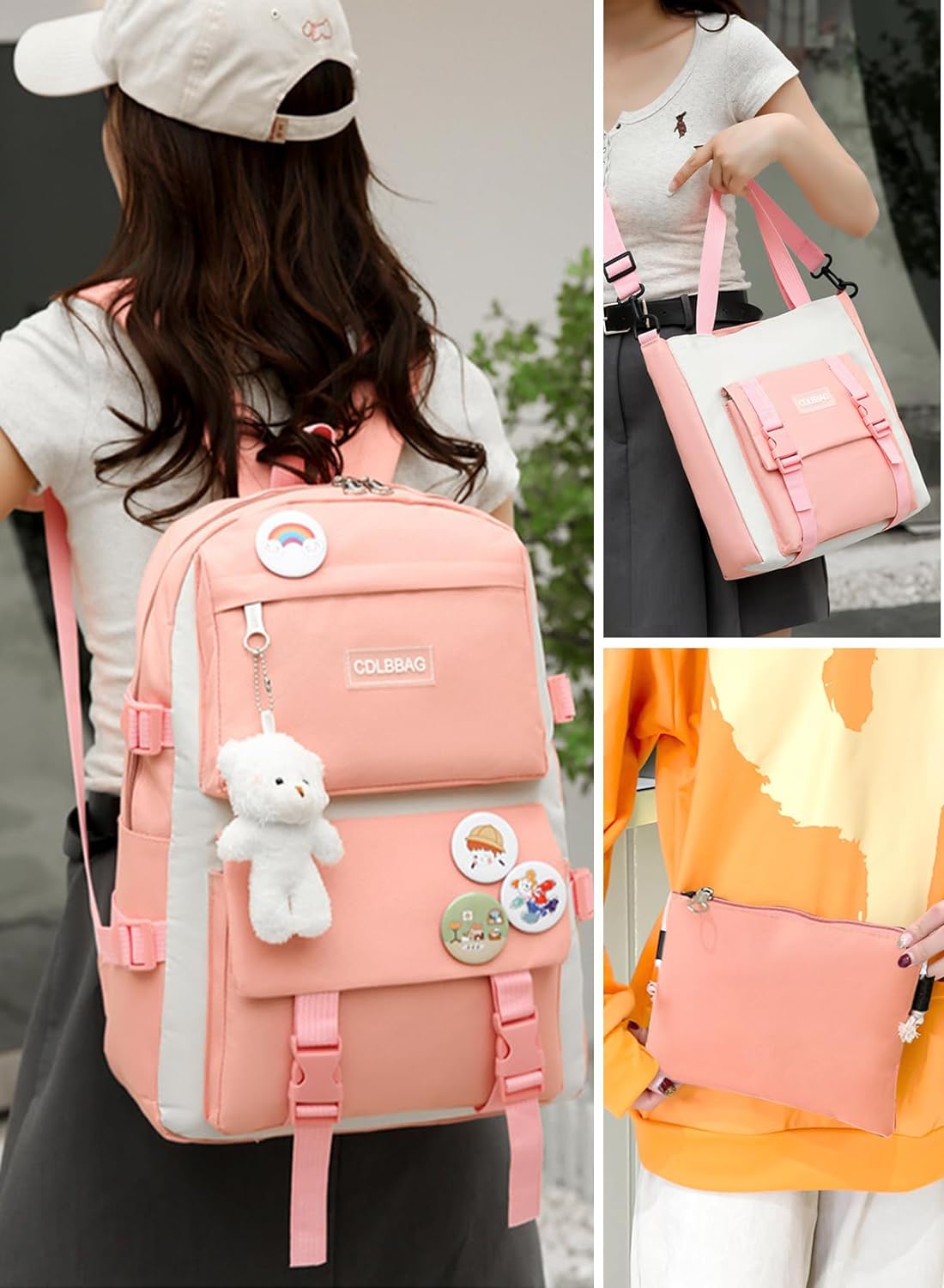 kids bags Toddler Backpack School Bags For Girls, 4Pcs Cute Backpack Set with Pendant Lunch Bag, Pencil Case, Handbag, Coin Purse for Teen Girls School Backpack (Pink)