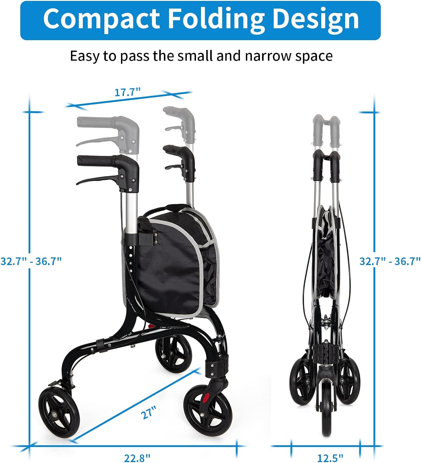 Planetwalk Premium 3 Wheel Rollator Walker for Seniors - Ultra Lightweight Foldable Walker for Elderly, Aluminum Three Wheel Mobility Aid, Black