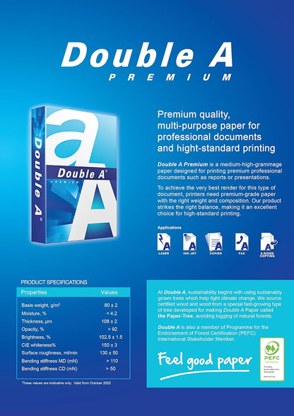 Double A - Printer Copy Paper, Size A4, GSM 80, 500 Pages Ream - White