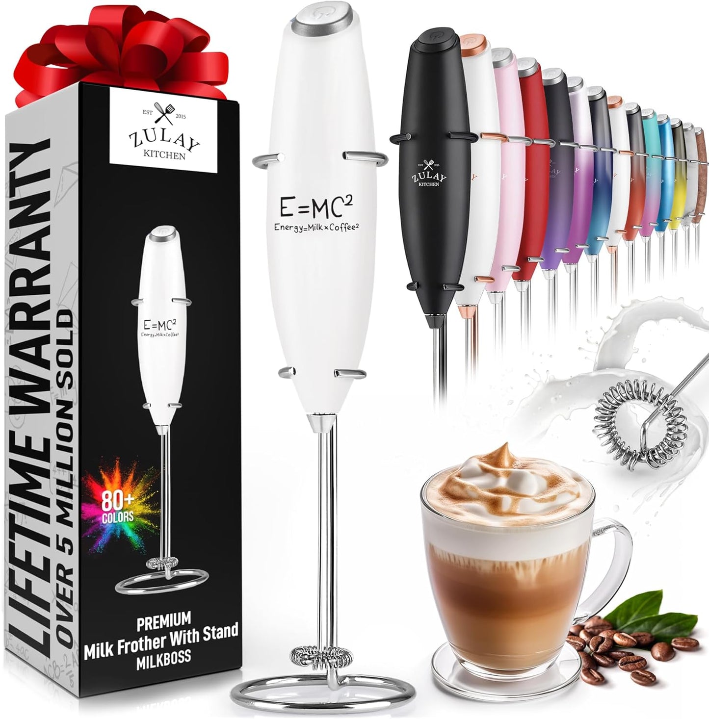 Zulay Executive Series Ultra Premium Gift Milk Frother For Coffee with Deluxe, Radiant Finish - Coffee Frother Handheld Foam Maker - Electric Milk Frother Handheld For Lattes (Black with Sleek Stand)