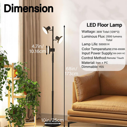 [2023 Upgraded] LED Tree Floor Lamp, 36W Modern Dimmable Standing Lamp with Remote & Touch Control, 4 Color Temperatures, 3 Rotatable LED Light Floor Lamps for Living Room, Bedroom, Office