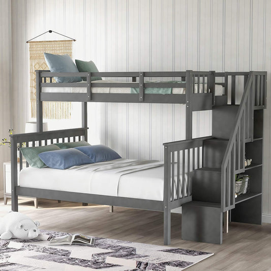 Goohome Twin-Over-Full Bunk Bed with 3 Storage Stairs, Sturdy Solid Wood Trundle Bunk Bed Frame w/Guardrails and Ladder, Built-in Slats, for Adults Kids Teens, No Noise, No Box Spring Needed