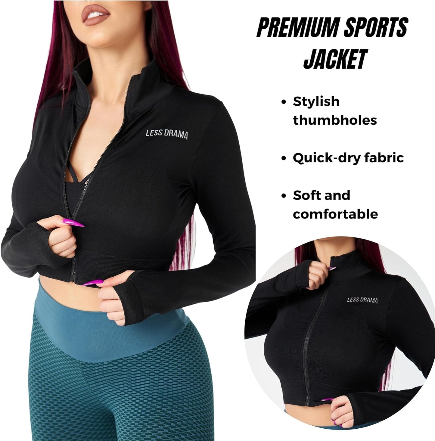 LESS DRAMA Women’s Cropped Jacket Fitness Yoga Sports Workout Top with Thumb Holes