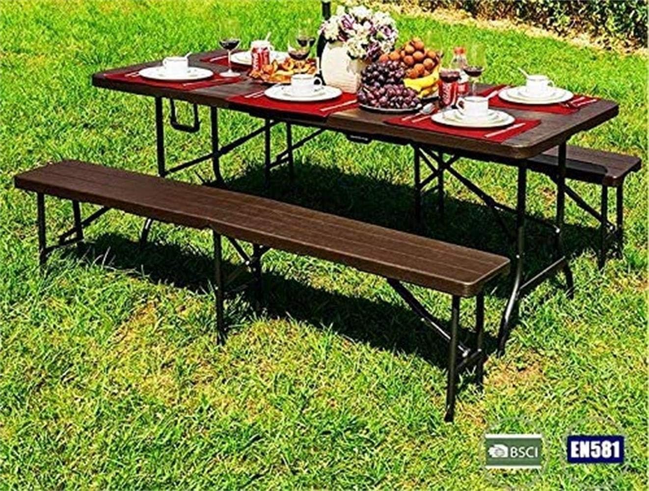 JEICO Portable Plastic Folding Table Wood design Multifunctional Party Camping 1.8M Table, Indoor Outdoor, and Plastic Folding Bench, Folding Dining Chair, Black, White, Brown Color (Table, Brown)