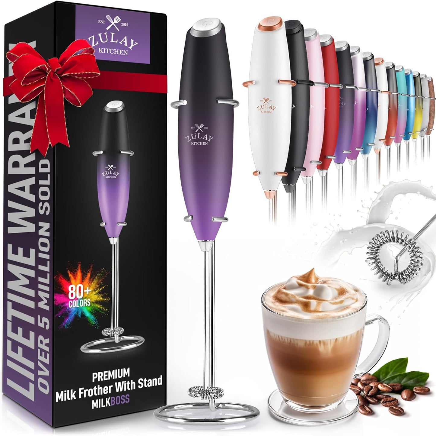 Zulay Executive Series Ultra Premium Gift Milk Frother For Coffee with Deluxe, Radiant Finish - Coffee Frother Handheld Foam Maker - Electric Milk Frother Handheld For Lattes (Black with Sleek Stand)