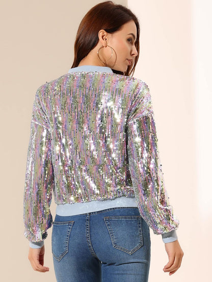 Allegra K Women's Halloween Sequin Sparkle Long Sleeve Zipper Bomber Jacket