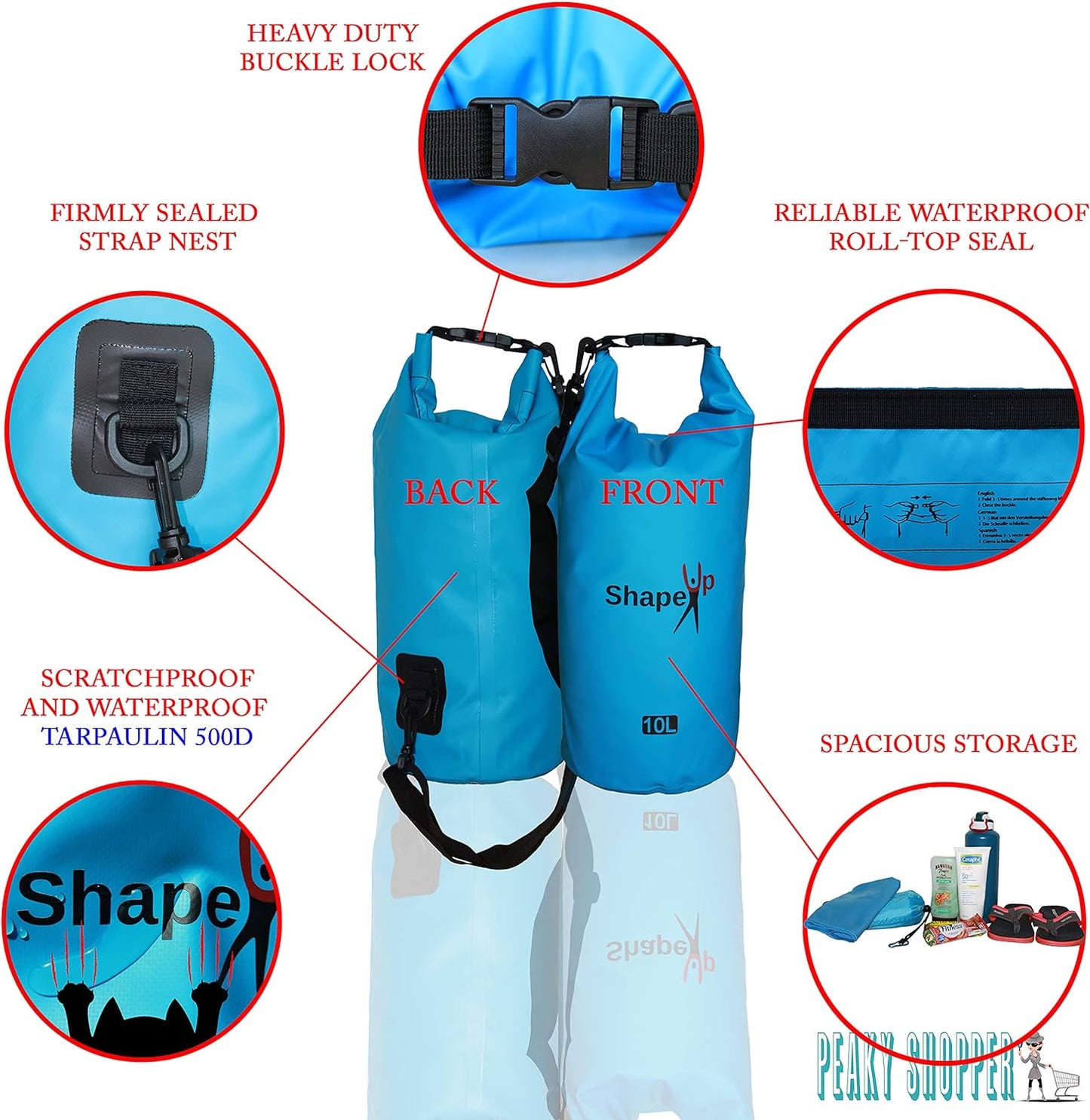 Waterproof Marine Dry Bag Backpack PVC 500 Tarpaulin 20L with pocket & 10L Shoulder Strap Roll Top Floating Dry Sack Boating Swimming with Towel & Phone Case (10, Light Blue, 1)