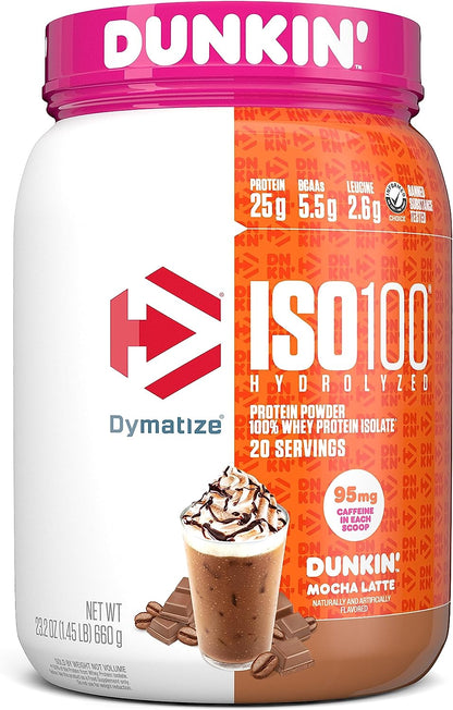 Dymatize ISO100 Hydrolyzed 100% Whey Isolate Protein Powder in Dunkin' Cappuccino Flavor, 25g Protein, 95mg Caffeine, 5.5g BCAAs, Gluten Free, Fast Absorbing, Easy Digesting, 21.5 Oz