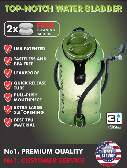 FREEMOVE 2L Hydration Bladder with Cleaning Kit or 3L Water Bladder >Blue or Green< Leak Proof Hydration Pack, Tasteless & BPA Free, TPU Water Reservoir, Quick Release Insulated Tube & Shutoff Valve