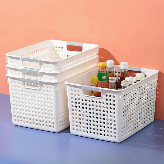 Plastic Storage Baskets for Organizing, 4-Pack Large Storage Bins Pantry Organization for Cabinets, Stackable Storage Baskets with Handles, Open Storage Box for Bathroom, kitchen, Office