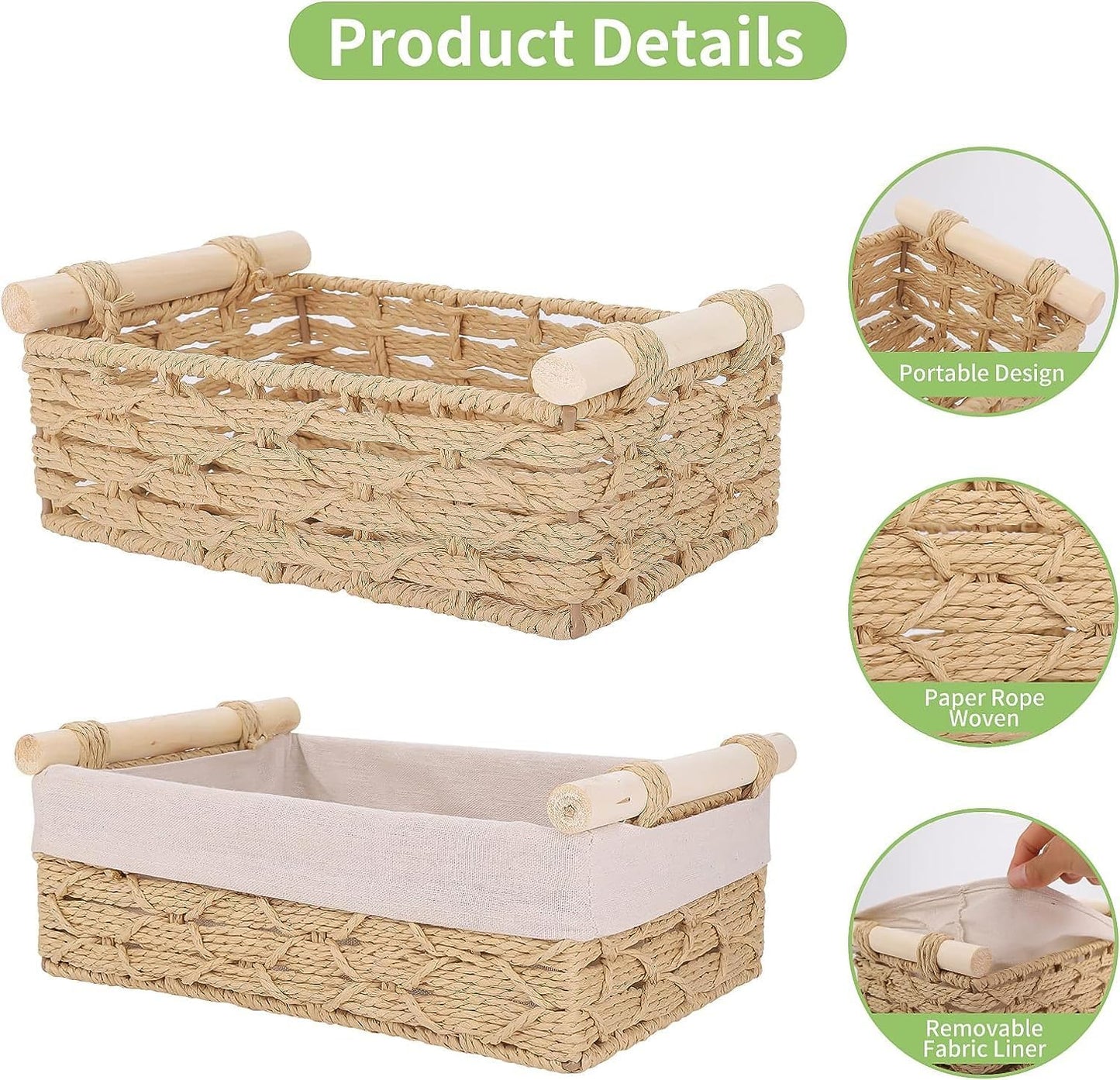 2-Pack Rectangle Woven Home Storage Baskets with Washable Liner, Paper Rope Storage Baskets Straw Rattan Basket for Organizing with Handle, Cosmetic Storage Box (Rectangle)