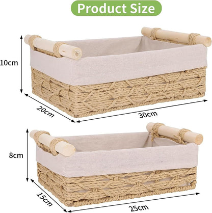 2-Pack Rectangle Woven Home Storage Baskets with Washable Liner, Paper Rope Storage Baskets Straw Rattan Basket for Organizing with Handle, Cosmetic Storage Box (Rectangle)