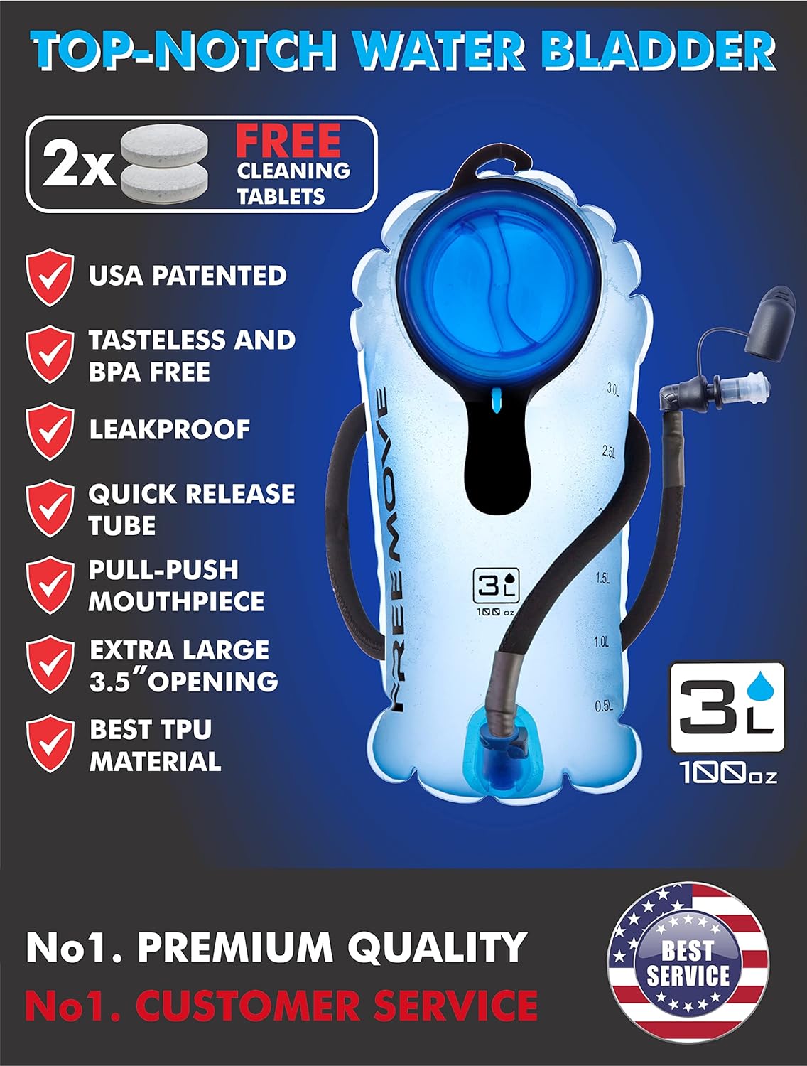 FREEMOVE 2L Hydration Bladder with Cleaning Kit or 3L Water Bladder >Blue or Green< Leak Proof Hydration Pack, Tasteless & BPA Free, TPU Water Reservoir, Quick Release Insulated Tube & Shutoff Valve