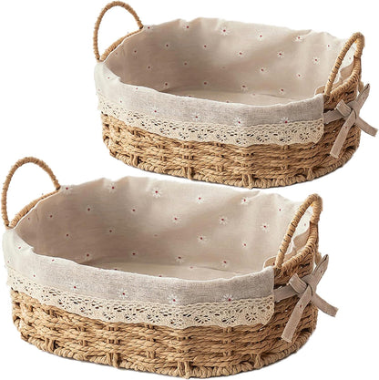 2-Pack Rectangle Woven Home Storage Baskets with Washable Liner, Paper Rope Storage Baskets Straw Rattan Basket for Organizing with Handle, Cosmetic Storage Box (Rectangle)