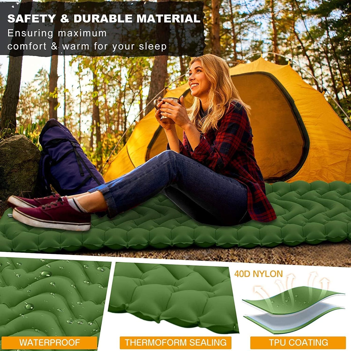 Arabest Camping Sleeping Pad, Extra Thickness 3.9 Inch Inflatable Sleeping Mat with Pillow Built-in Pump, Compact Ultralight Waterproof Camping Air Mattress for Backpacking, Hiking, Tent