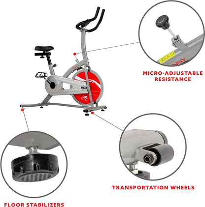 Sunny Health & Fitness Exercise Bike, Indoor Cycling Exercise Stationary Bike with Digital Monitor/Flywheel/Adjustable Seat, Gym Equipment for Home Use, 22 LB Flywheel, SF-B1203