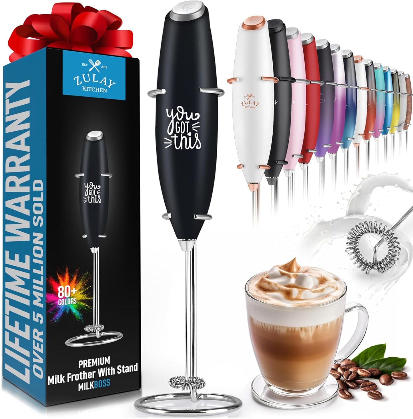 Zulay Executive Series Ultra Premium Gift Milk Frother For Coffee with Deluxe, Radiant Finish - Coffee Frother Handheld Foam Maker - Electric Milk Frother Handheld For Lattes (Black with Sleek Stand)