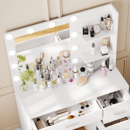 Rovaurx Makeup Vanity Table with Lighted Mirror, Makeup Vanity Desk with Storage Shelf and 4 Drawers, Bedroom Dressing Table, 10 LED Lights, White RSZT104W