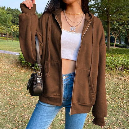 Women's Y2K Sweatshirt Oversized Zip Up Hoodies E-Girl Years Years Streetwear Jacket (Color : Brown, Size : Medium)