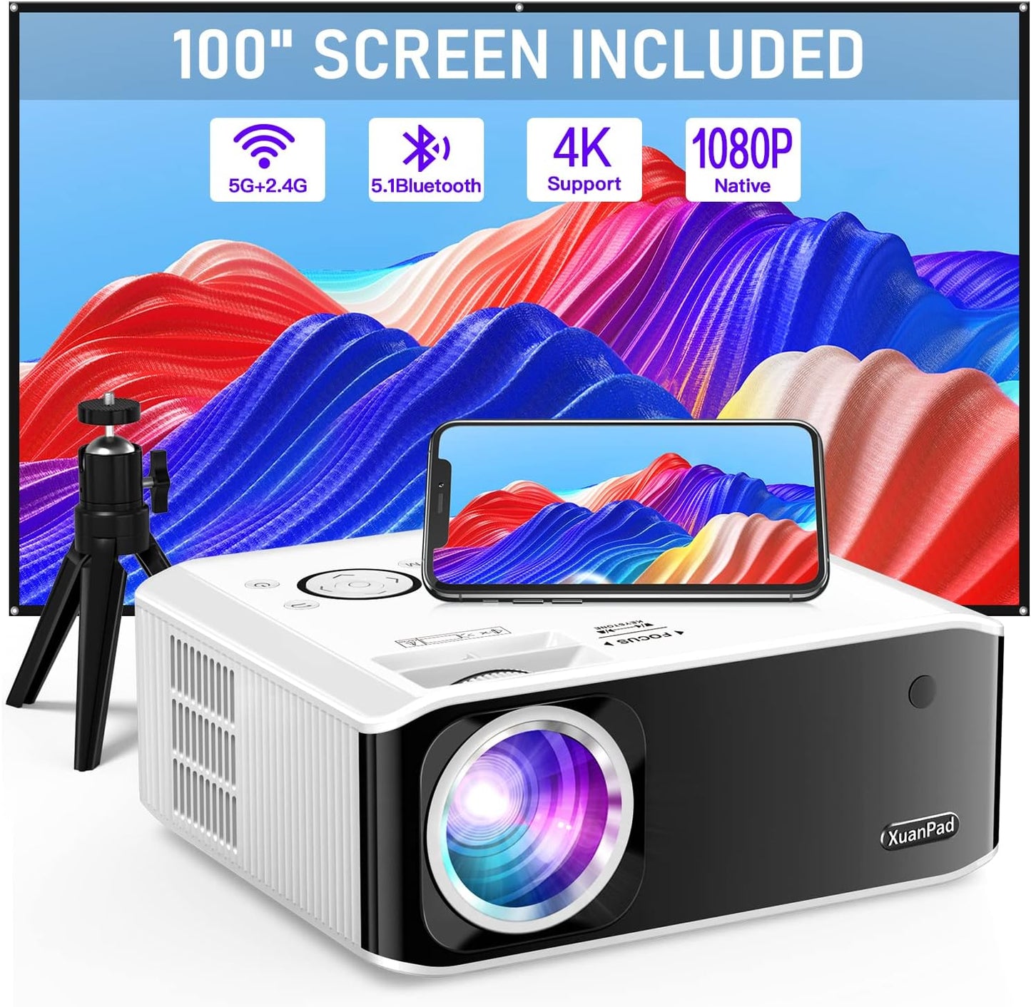 Projector, XuanPad 2024 Upgraded Native 1080P 5G WiFi Bluetooth Projector 4K Supported, 6D/4P Keystone Correction, Zoom, 15000L Mini Projector with Screen and Tripod for iOS/Android/TV Stick