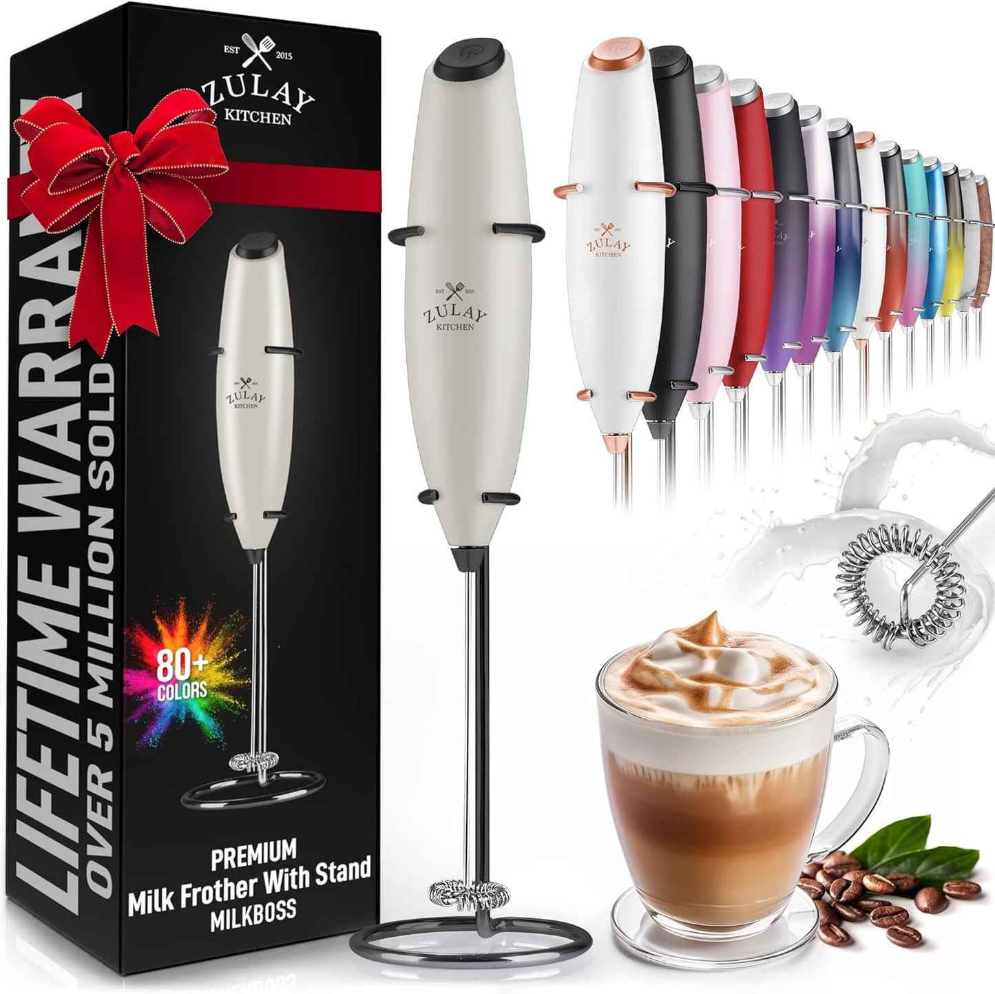 Zulay Executive Series Ultra Premium Gift Milk Frother For Coffee with Deluxe, Radiant Finish - Coffee Frother Handheld Foam Maker - Electric Milk Frother Handheld For Lattes (Black with Sleek Stand)