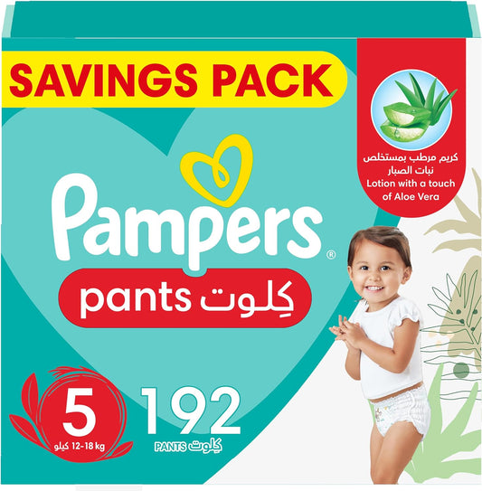 Pampers Baby-Dry Pants Diapers with Aloe Vera Lotion, 360 Fit & up to 100% Leakproof, Size 5, 12-18kg, 4 Mega Packs, 192 Count