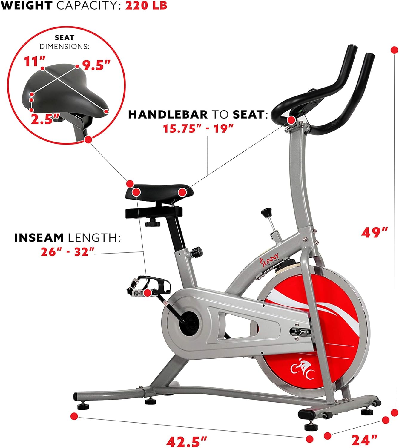 Sunny Health & Fitness Exercise Bike, Indoor Cycling Exercise Stationary Bike with Digital Monitor/Flywheel/Adjustable Seat, Gym Equipment for Home Use, 22 LB Flywheel, SF-B1203