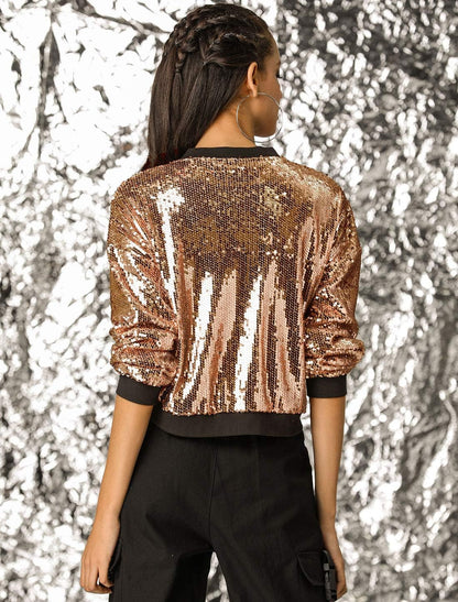 Allegra K Women's Halloween Sequin Sparkle Long Sleeve Zipper Bomber Jacket