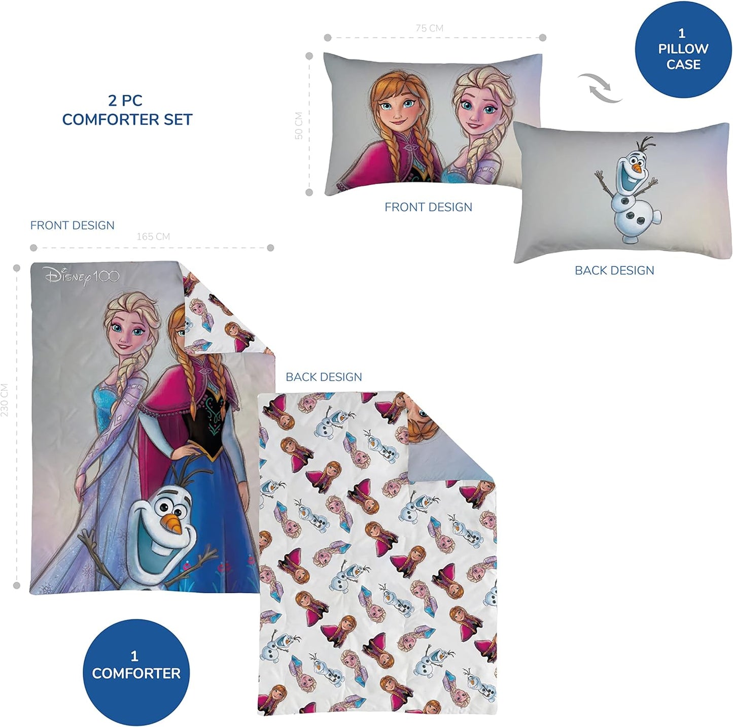 Trucare FZC Disney frozen 2 pcs twin kids bedding set - super soft & fade resistant - includes reversible comforter, & pillow sheet - celebrate disney 100th anniversary in style