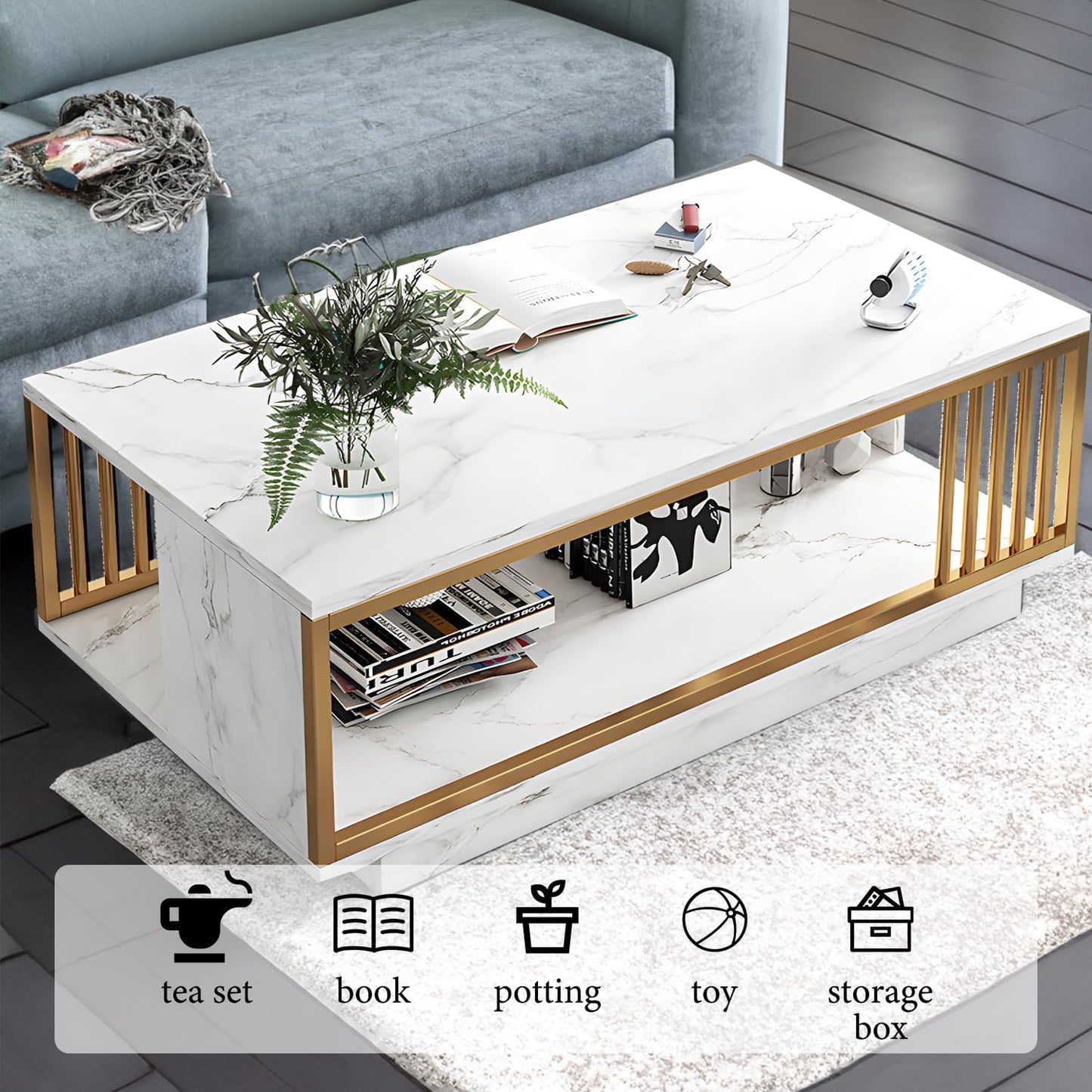 Occuwzz Coffee Table,Modern Square 2 Tier Sofa Side Table,Wood Tabletop Frame Table with Open Storage Shelf,Space Saving Center Table For Home, Living Room,120 * 60 * 40cm