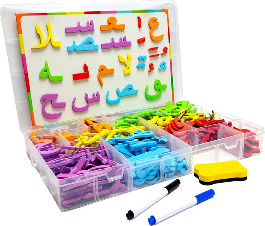 Preschool Learning - 375pcs Colorful Arabic Magnetic Alphabet Letters Puzzle - with 2 Markers and Eraser, 2 in 1 Learning Letters & Colours, Arabic Consonants, Educational, Learning Games