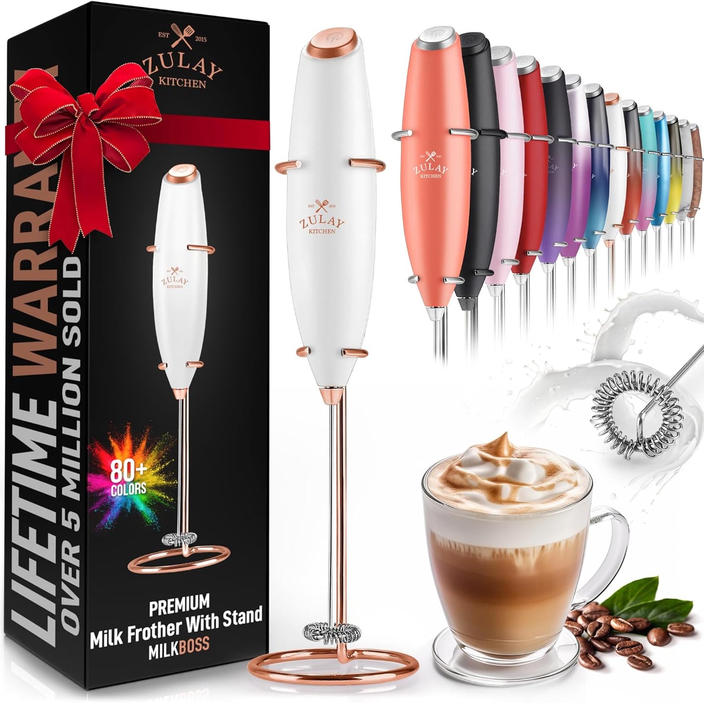 Zulay Executive Series Ultra Premium Gift Milk Frother For Coffee with Deluxe, Radiant Finish - Coffee Frother Handheld Foam Maker - Electric Milk Frother Handheld For Lattes (Black with Sleek Stand)