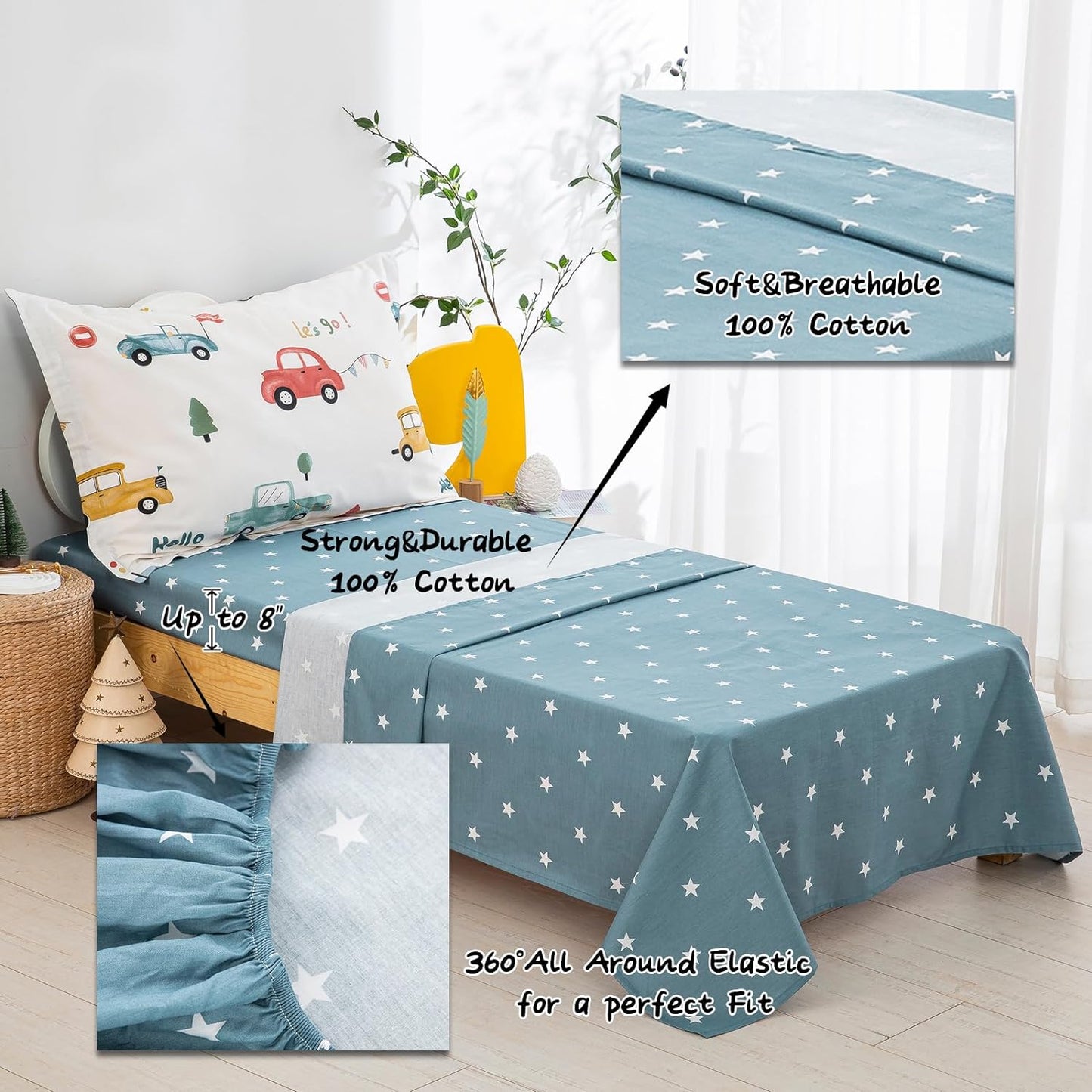 Cars Toddler Bedding Set 4 Pieces Blue Cotton Comforter Set Kids Crib Bed Set Include Flat Sheet Fitted Sheet and Pillowcase for Boys and Girls