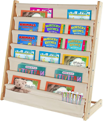 Bookshelf for Kids, Baby Bookshelf 6 Tier Kids Book Shelf Natural Beige Sling Book Rack for Kids Bedroom Playroom Toy Storage (Wood: 29.5" L)