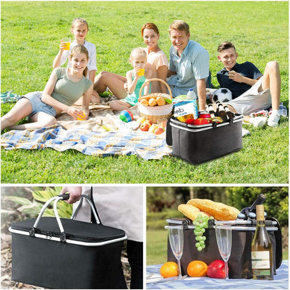 Angju Insulated Large Picnic Basket 35L- Strong Aluminum Frame Waterproof Lining Design for Easy Storage - Take it Camping, Picnicking, Lake Trips or Family Vacations - Keeps Food Cold -DHBlack