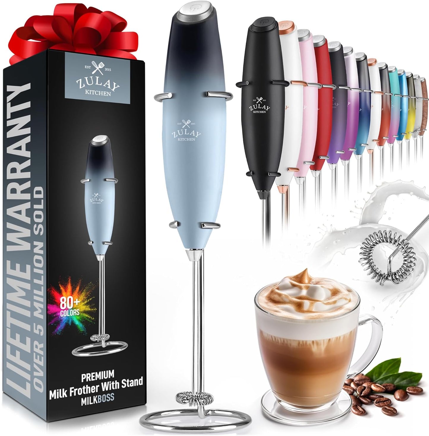 Zulay Executive Series Ultra Premium Gift Milk Frother For Coffee with Deluxe, Radiant Finish - Coffee Frother Handheld Foam Maker - Electric Milk Frother Handheld For Lattes (Black with Sleek Stand)