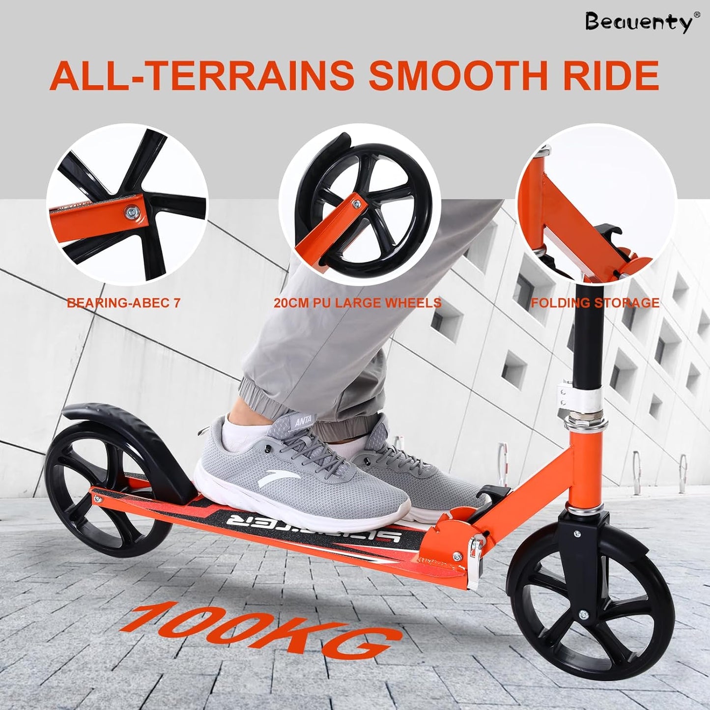 Beauenty Kick Scooter for Kids, Teens, Adult Riders Up to 150KG, 2-Wheel Scooter Foldable to Carry