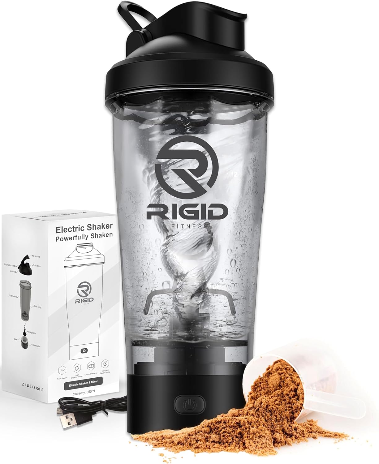 RIGID FITNESS Electric Protein Shaker Bottle, 100% Leakproof Mixer - USB Rechargeable Blender Bottles, Shaker Bottles for Protein Mixes, Made with Tritan Safe Material - Free BPA - 650ml (Black)