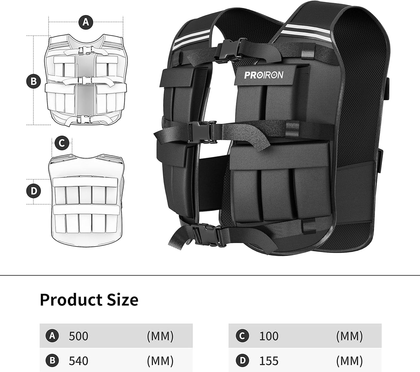 PROIRON Adjustable Weighted Vest, 20 Weight Packs, Weight Jacket Men Women with Reflective Stripe for Running Strength Training Workout Jogging Walking Home Gym Fitness Cardio Weight Loss, Black