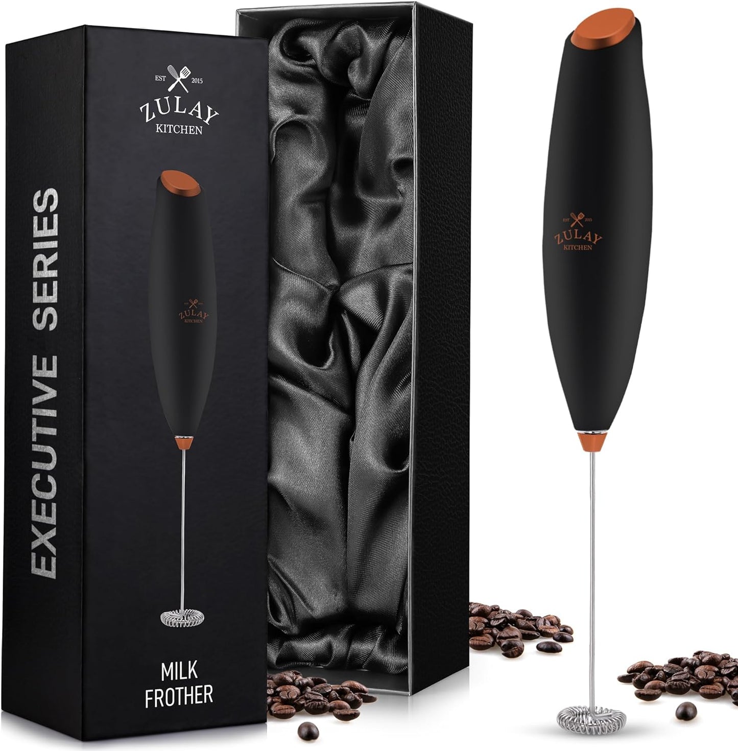 Zulay Executive Series Ultra Premium Gift Milk Frother For Coffee with Deluxe, Radiant Finish - Coffee Frother Handheld Foam Maker - Electric Milk Frother Handheld For Lattes (Black with Sleek Stand)