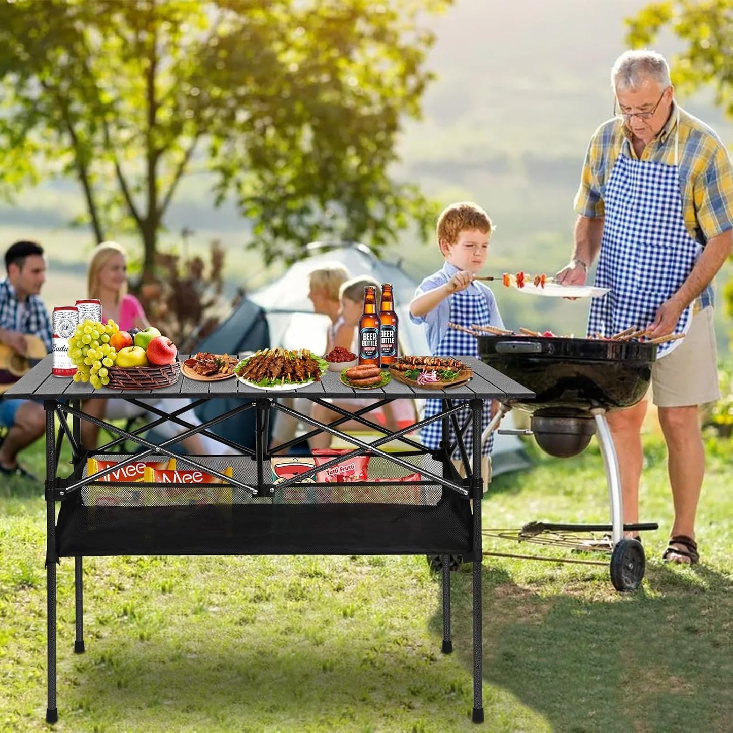 AUTOYSUR Folding Wooden Camping Table Portable Picnic Table w/Carry Bag Roll-up Bamboo Tabletop Outdoor Travel Camping Table (Coffee)