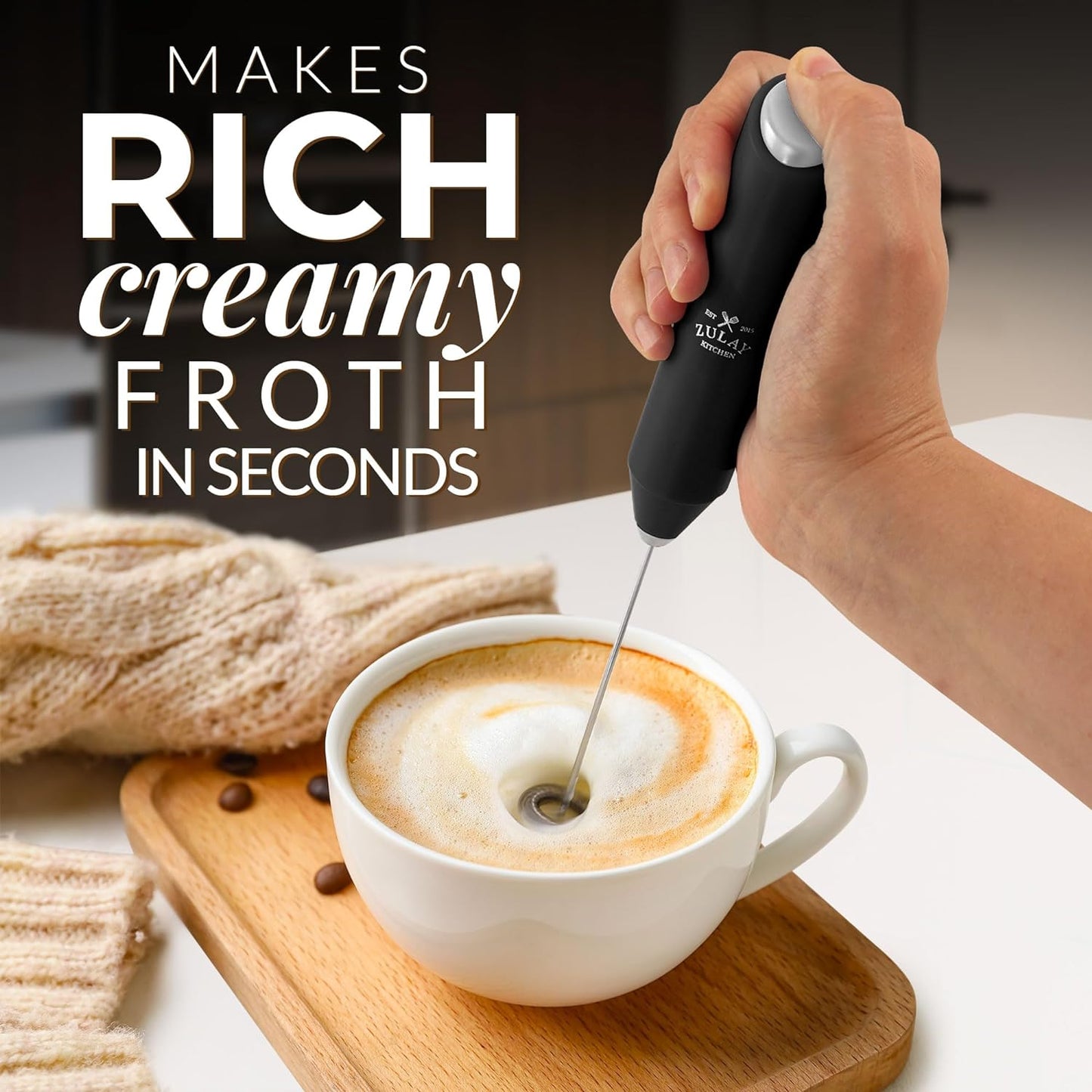 Zulay Executive Series Ultra Premium Gift Milk Frother For Coffee with Deluxe, Radiant Finish - Coffee Frother Handheld Foam Maker - Electric Milk Frother Handheld For Lattes (Black with Sleek Stand)